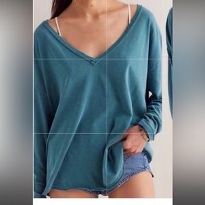 We The Free Oversized Long Sleeve V-Neck Top in Harbor Teal